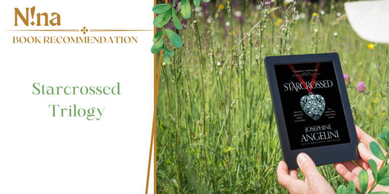 Review of the books starcrossed by Josephine Angelini. Hands are holding a tablet with the book between flowers