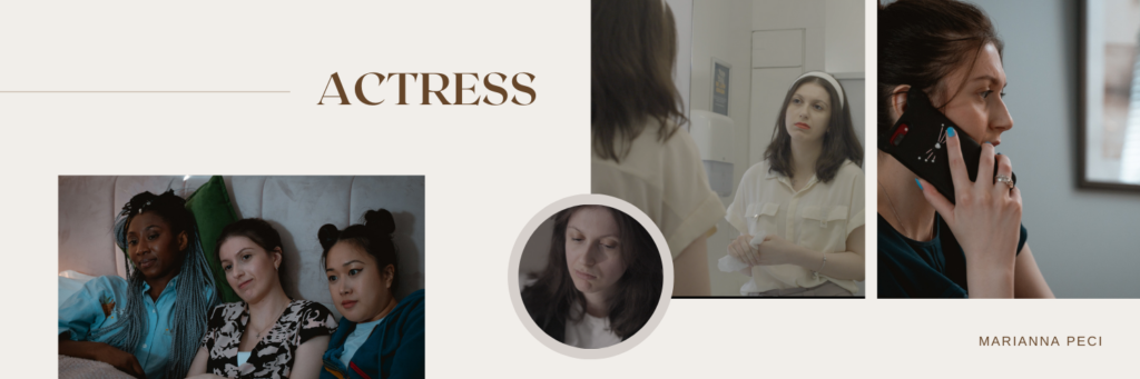 Multiple pictures taken from a series of film: 1) a woman looking down with worries 3) three women sitting on a bed with colorful clothes watching something unknown 3) a woman sidefacing and speaking on the phone 4) a woman looking at herself in the mirror in light clothes