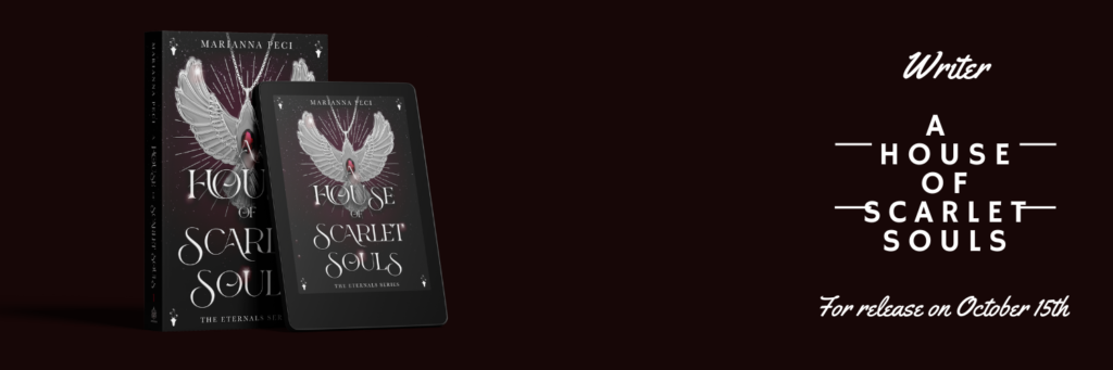 a dark background with the cover of a book (the cover is showing a raven in silver with a big stone -ruby- in the centre) the title is "A House of Scarlet Souls". Text on the banner include the title of the book and the word writer, announcing the upcoming book