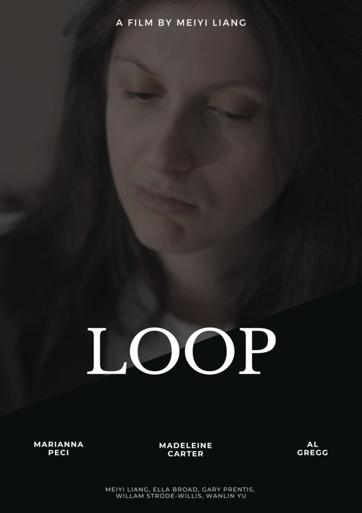 Dark colour movie poster with a woman looking down. The title says LOOP