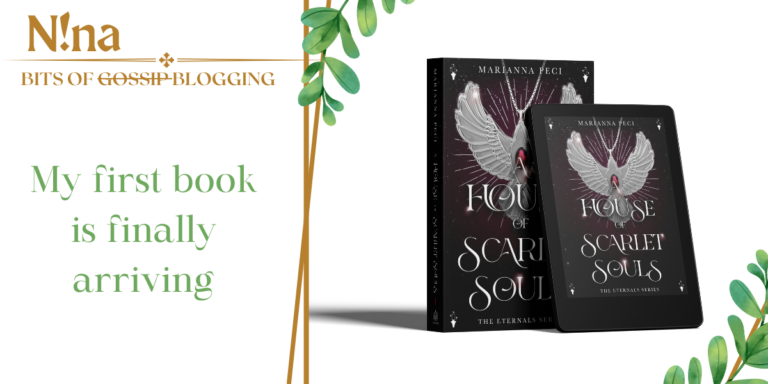 The image is the header of the blog post and is showing the cover of a book named A House of Scarlet Souls with a raven in silver and a ruby at the centre. The title of the article is My first book is finally arriving